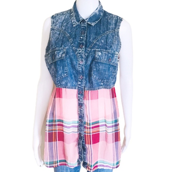 WAREHOUSE ONE Mixed Media Denim Button Down Shirt With Plaid Blue/Pink Sz Medium - Picture 1 of 11